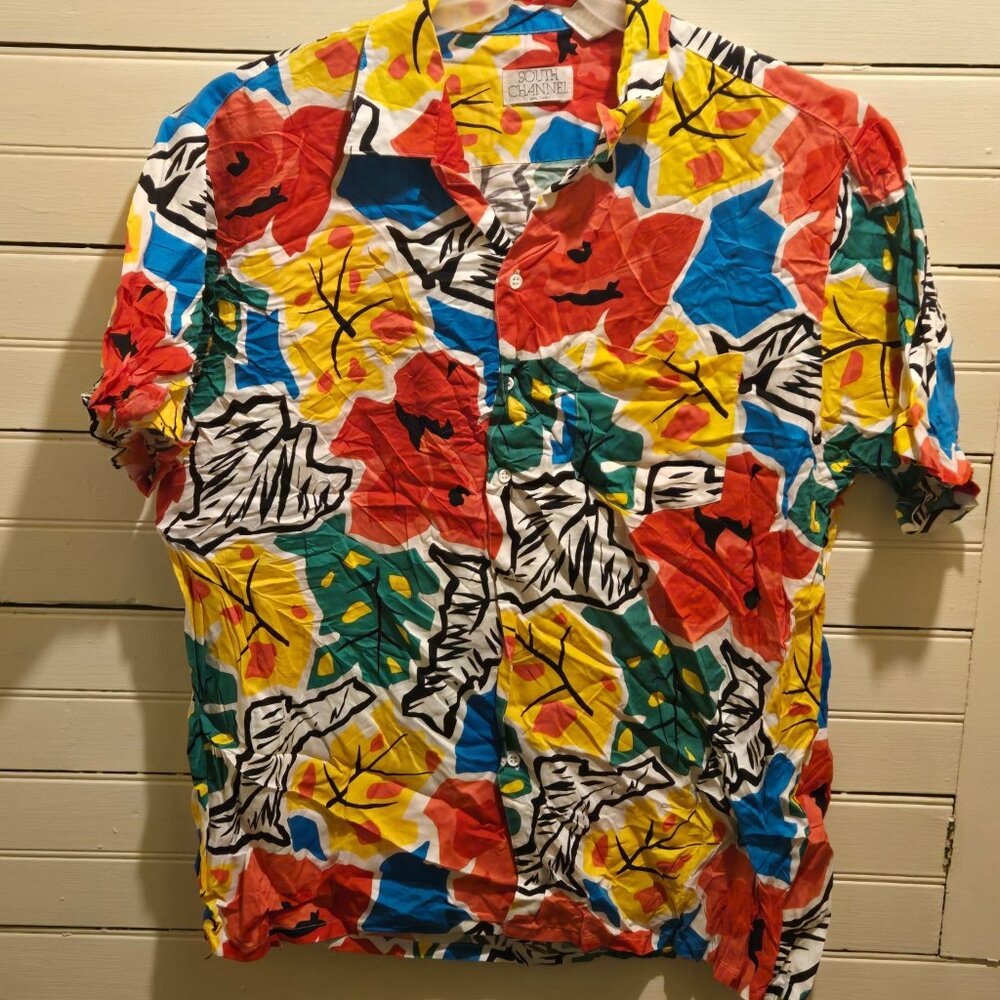 South Channel Shirt Mens S-M Tropical Floral Rayon Short Sleeve Button Front